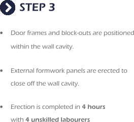 STEP 3 •	Door frames and block-outs are positioned within the wall cavity.  •	External formwork panels are erected to  close off the wall cavity.  •	Erection is completed in 4 hours  with 4 unskilled labourers