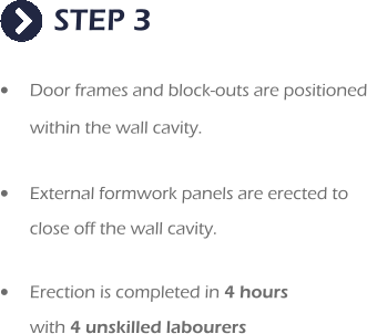 STEP 3 •	Door frames and block-outs are positioned within the wall cavity.  •	External formwork panels are erected to  close off the wall cavity.  •	Erection is completed in 4 hours  with 4 unskilled labourers